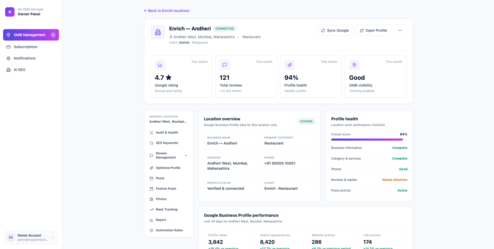 Rank Pilot AI dashboard showing Google rating, reviews and profile health